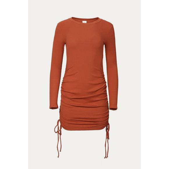 NEW BY TOGETHER ruched ribbed stretch-modal mini dress in rust - Picture 1 of 1